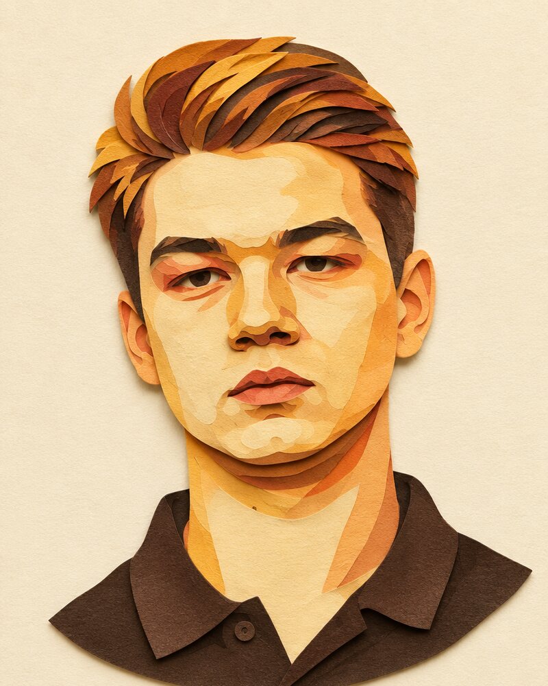 Tijn Knapen als Papierkunst, AI-portret gegenereerd vanaf een paar foto's