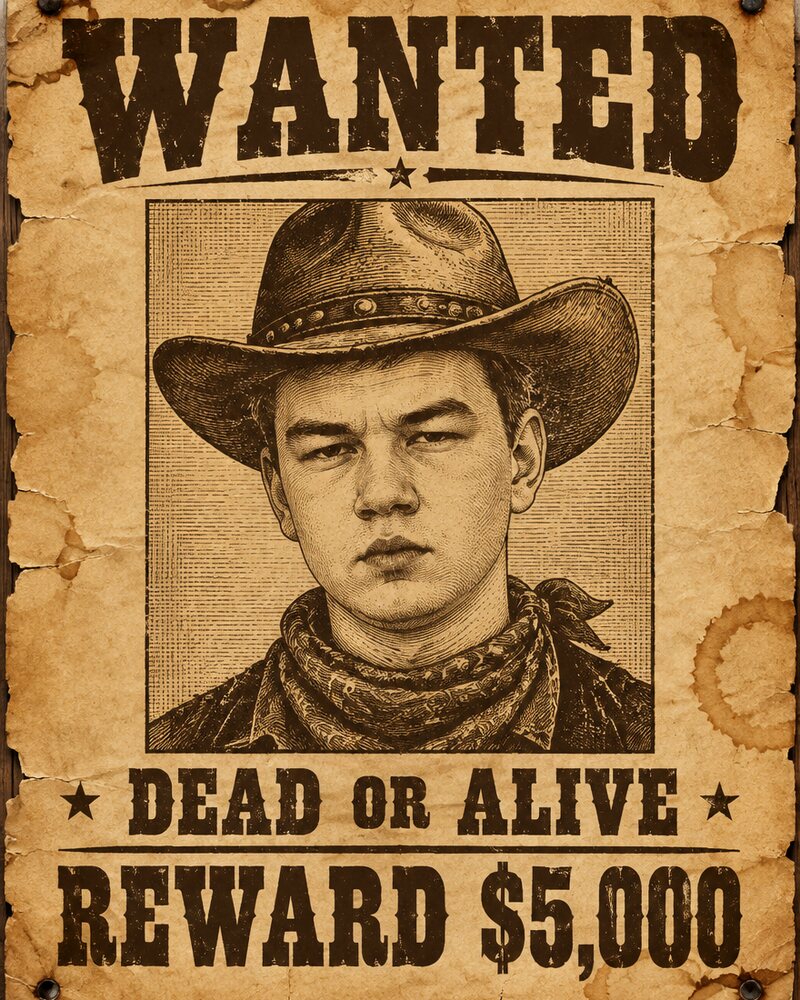 Tijn Knapen als Wanted, AI-portret gegenereerd vanaf een paar foto's