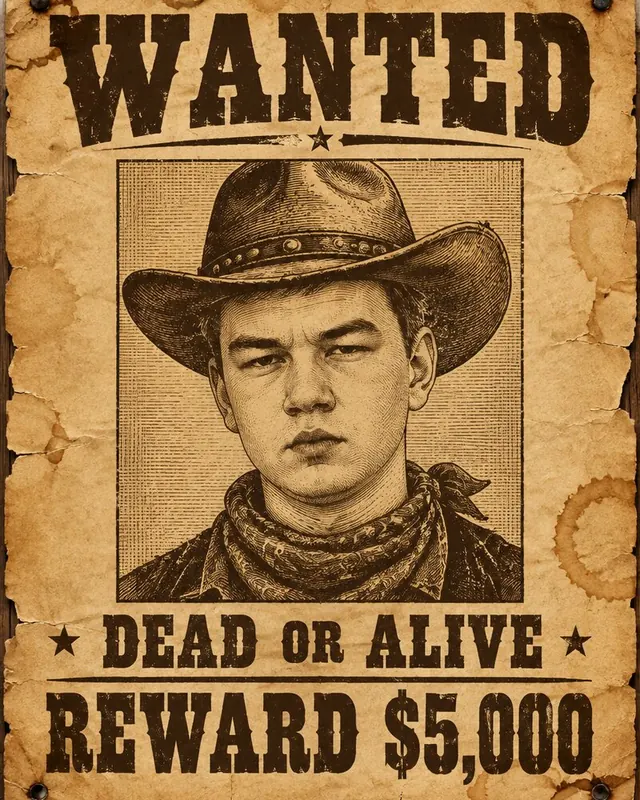 Tijn Knapen als Wanted, AI-portret gegenereerd vanaf een paar foto's